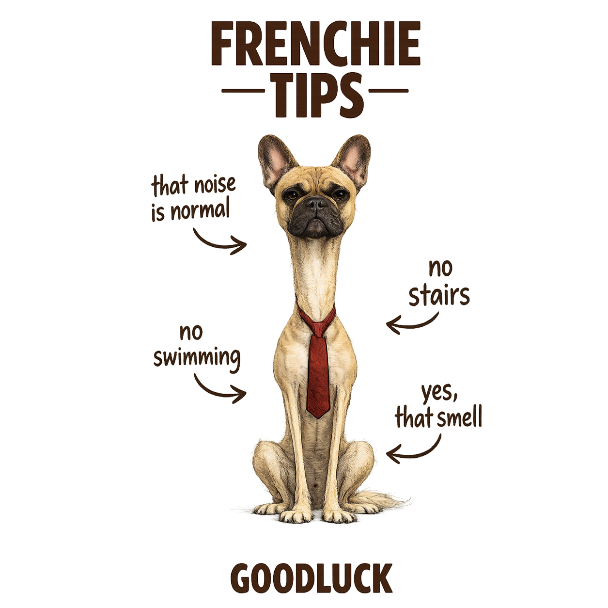 Frenchie Tips shirt design with four French Bulldog survival tips