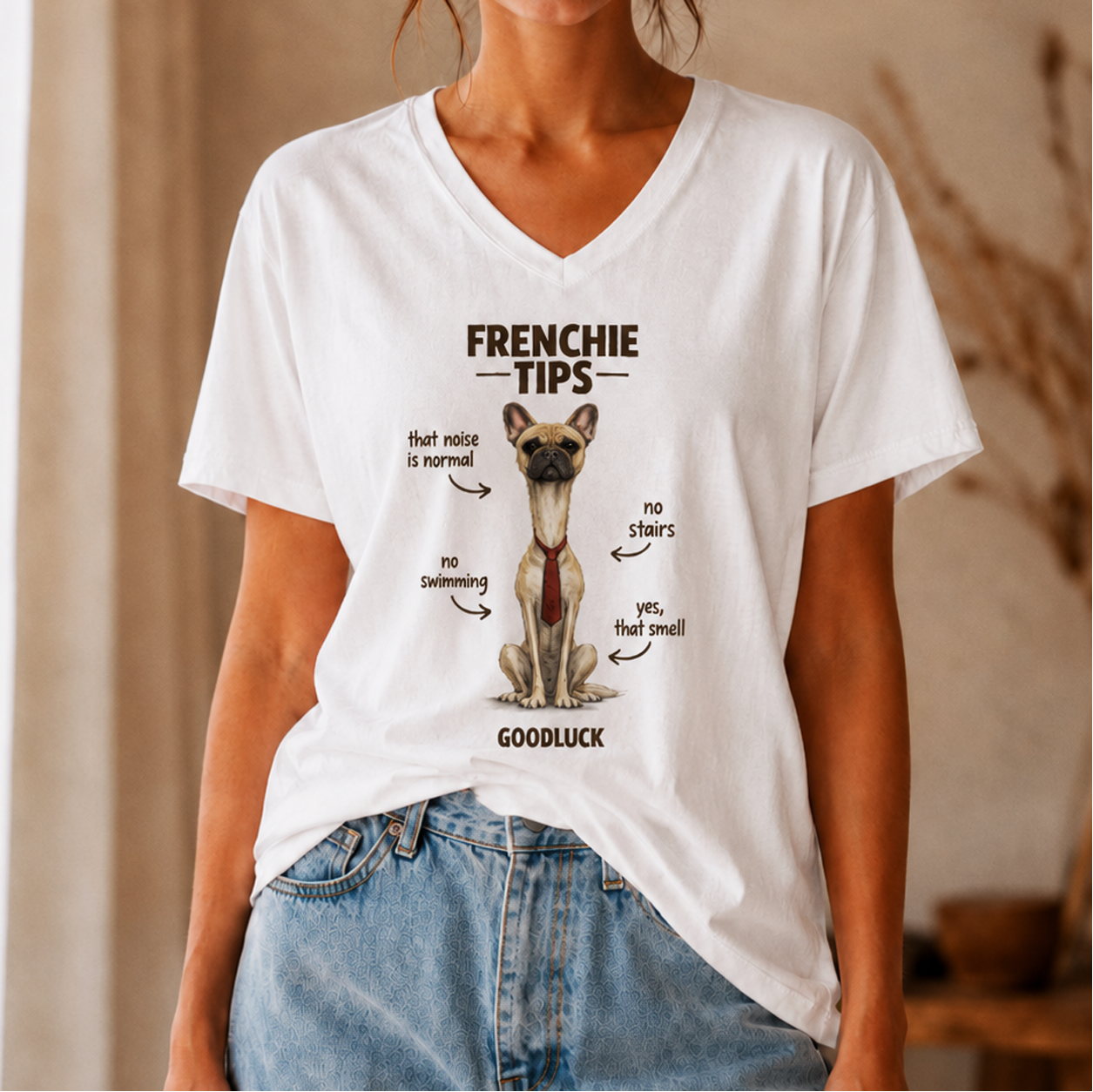 Woman wearing a white v-neck Frenchie Tips t-shirt