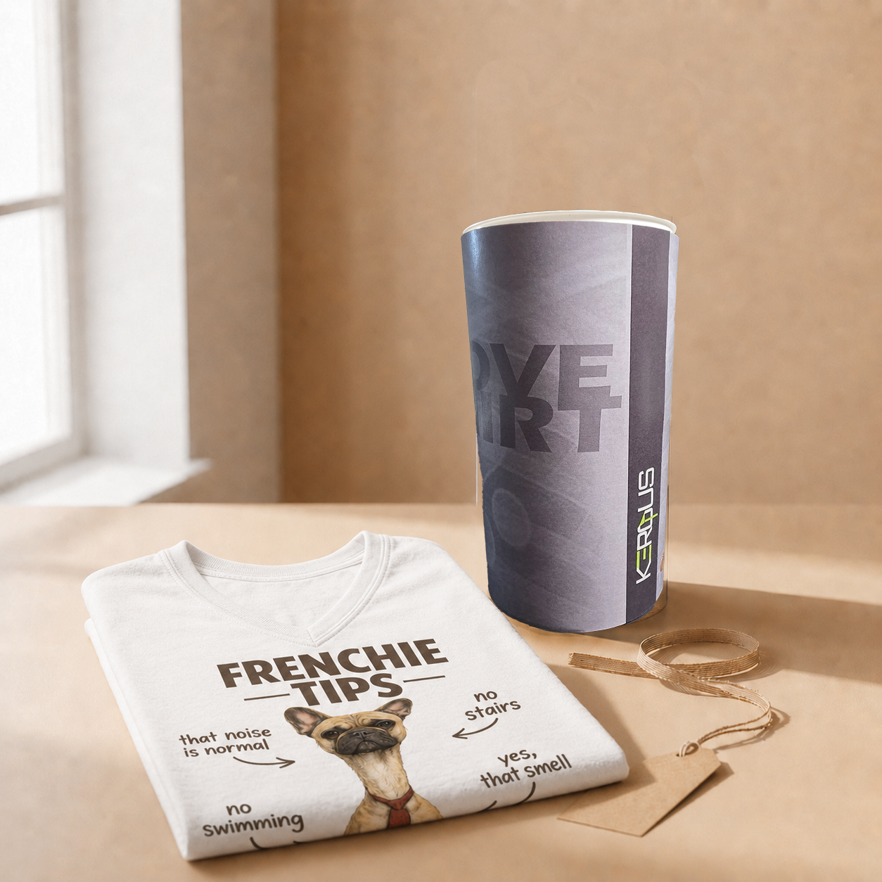 Frenchie Tips shirt folded next to its Kerqus gift tube packaging
