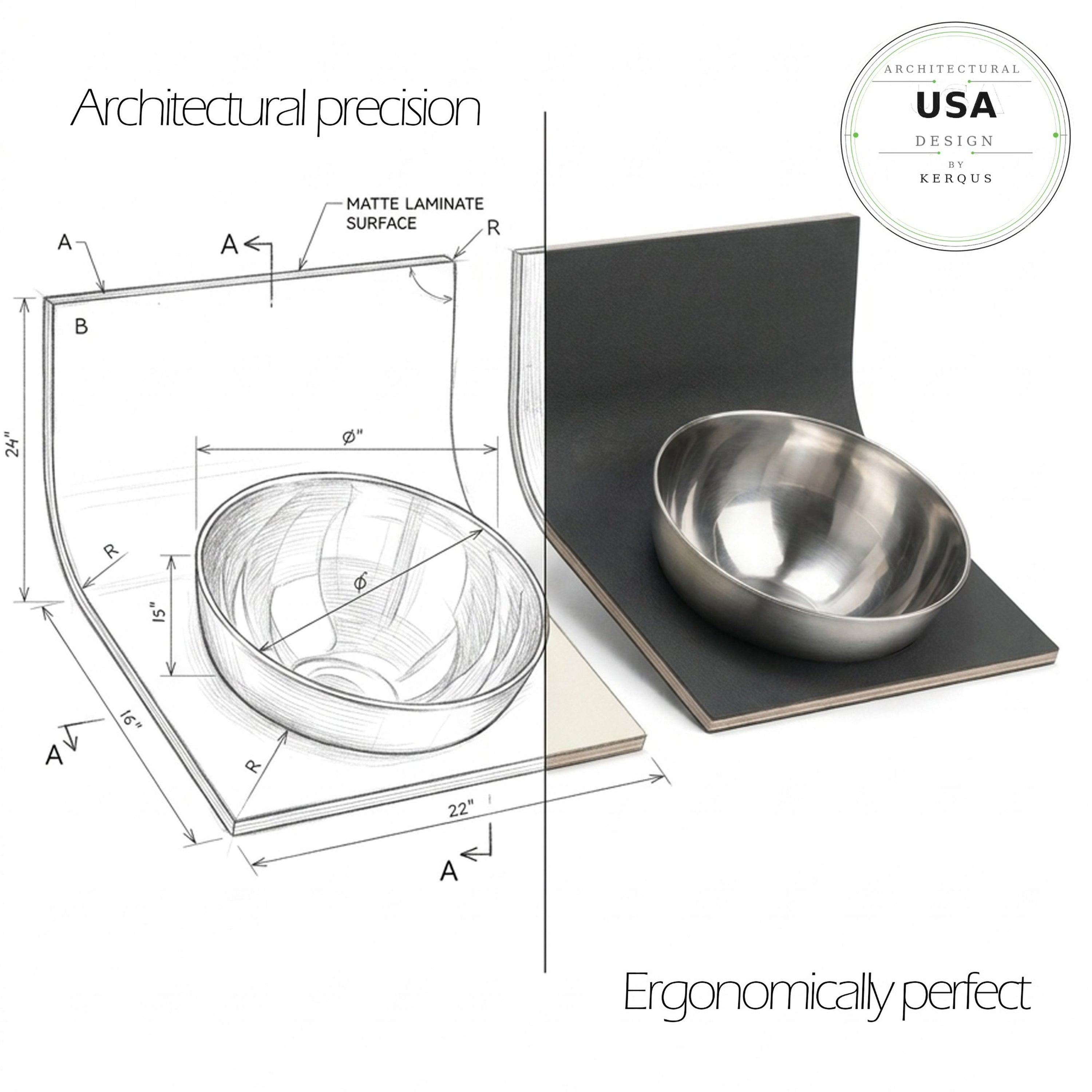 AERO-BOWL   Handmade Adjustable Wall-Mounted Cat Bowl – Ergonomic Design Splash Guard , Promotes Healthy Digestion, Stainless Steel, Easy Cleaning, Modern Aesthetic, Made in the USA