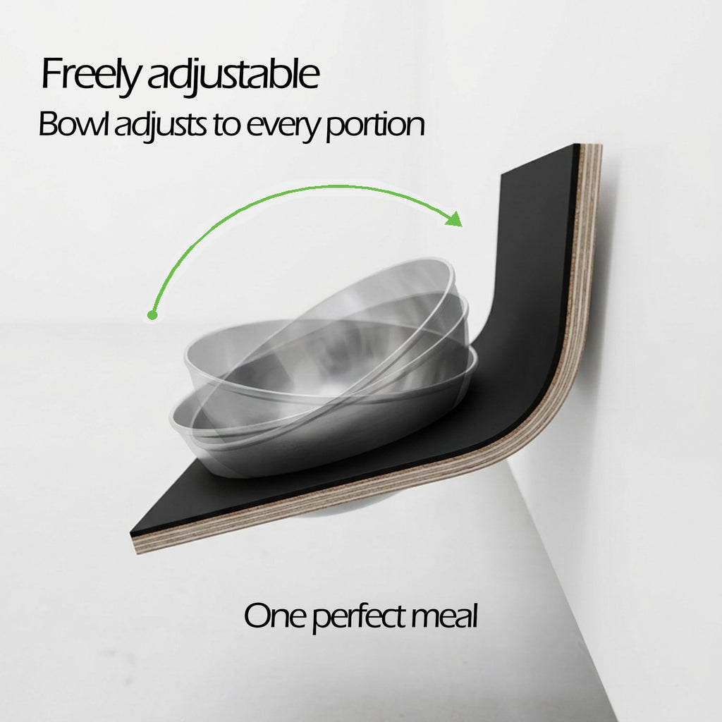 Diagram showing the freely adjustable self-centering bowl of the wall mounted cat feeder