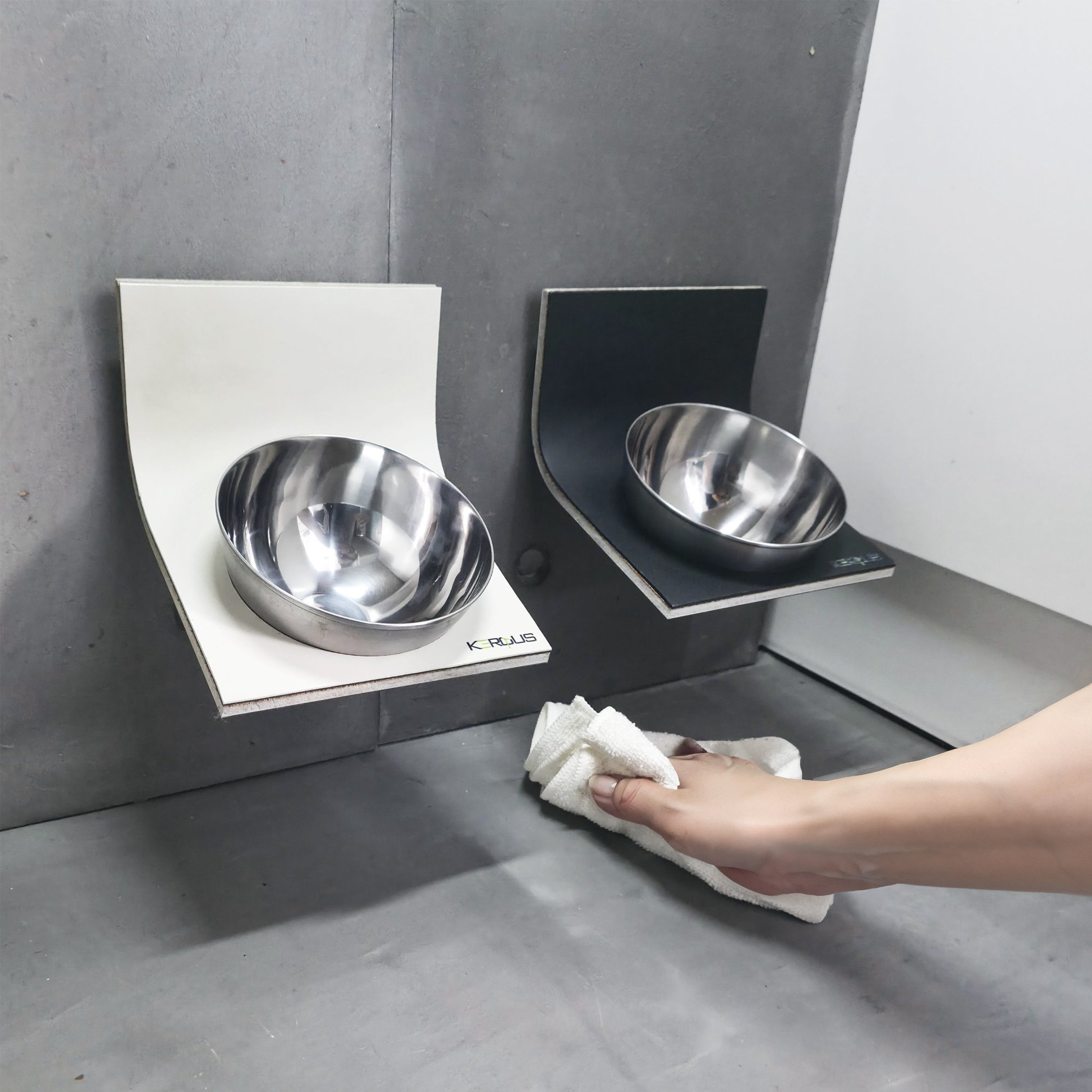 AERO-BOWL   Handmade Adjustable Wall-Mounted Cat Bowl – Ergonomic Design Splash Guard , Promotes Healthy Digestion, Stainless Steel, Easy Cleaning, Modern Aesthetic, Made in the USA