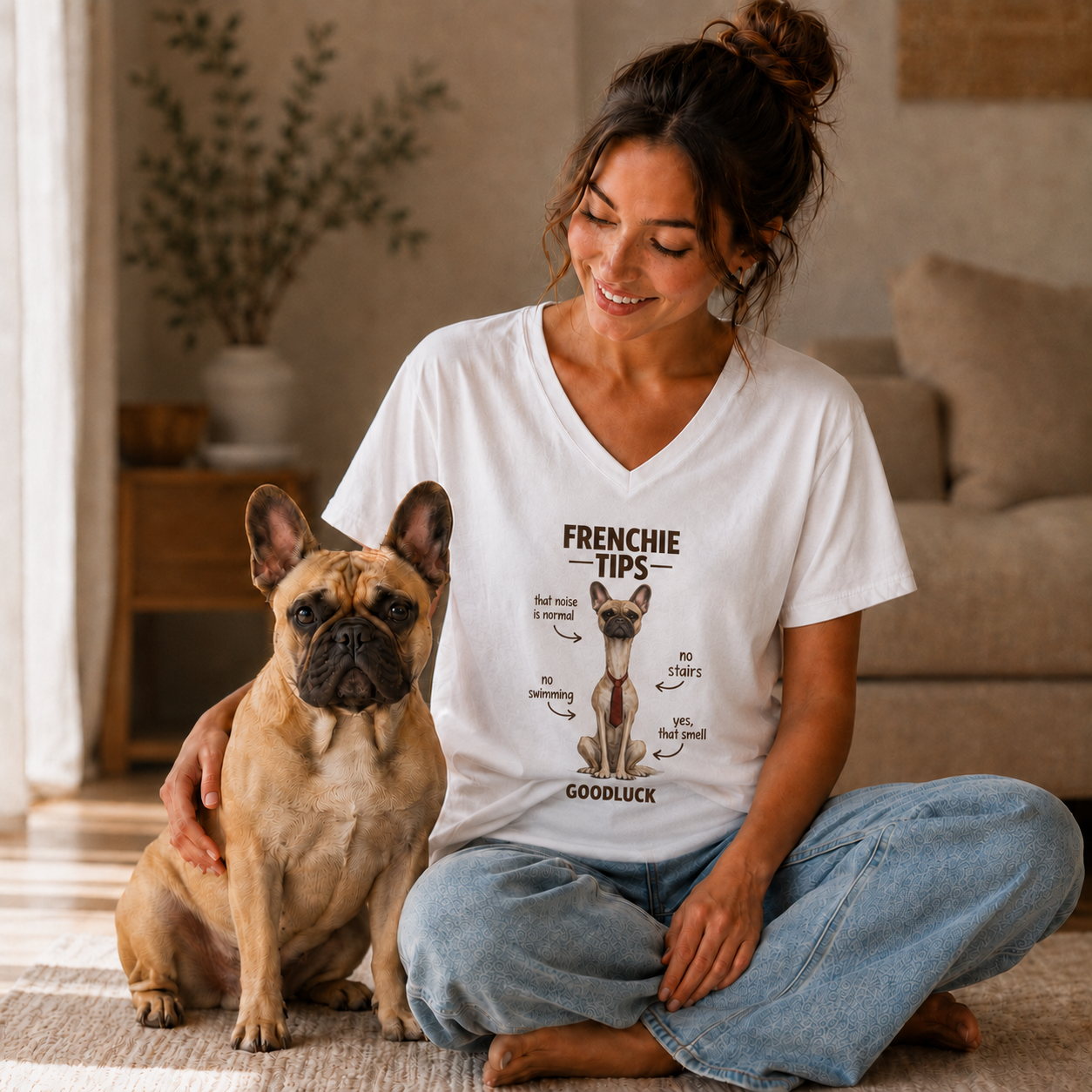 Woman sitting on the floor with her French Bulldog while wearing the Frenchie Tips shirt